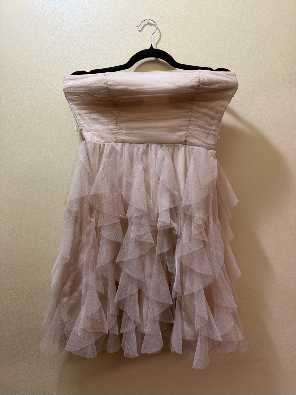 Strapless Ruffled Tulle Party Dress in cream
